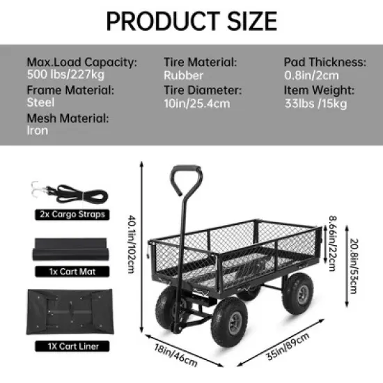 500 Lbs Capacity Heavy Duty Mesh Steel Garden Cart, Folding Utility Cart w/Removable Side Nets & 10 in Pneumatic Tires for Gardens, Lawns, Yards image {6}
