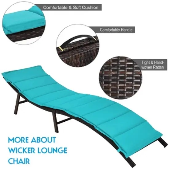 Costway 2PCS Patio Rattan Folding Lounge Chair Chaise Double Sided Cushion Turquoise image {7}