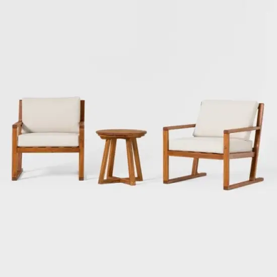 Saracina Home 3pc Modern Slat-Back Acacia Outdoor Conversation Set with Cushions 
 image {3}