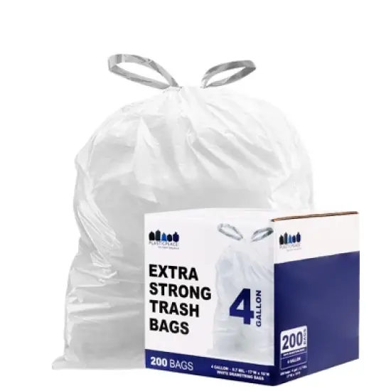 Plasticplace Drawstring Trash Bags, 4 Gallon, White (200 Count) image {1}
