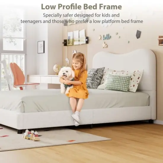 Bed Frame for Kids with Velvet Upholstered Headboard, Cute Low Profile Platform Bed for Girls and Boys, No Box Spring Needed image {2}