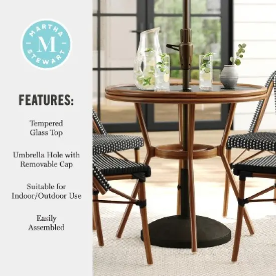 Martha Stewart Lily Pond 31" Round Indoor-Outdoor Bistro Dining Table with Woodgrain Aluminum Finish Frame and Woven Rattan Tabletop image {5}