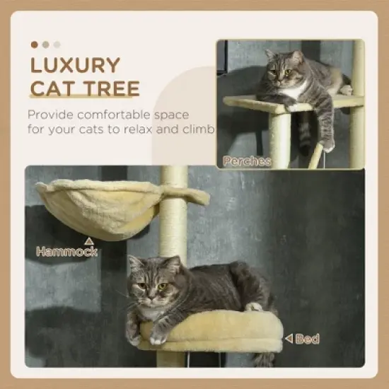 SKYONE Beige Floor-to-Ceiling Cat Tree with Adjustable Height, Multiple Platforms, Bed, Hammock, image {2}