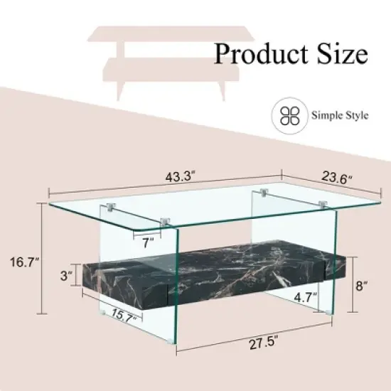 INFURNIC Patio End Tables Modern Rectangular Dining Table, Glass Table Top, Suitable for Small Space, Apartment, Studio,  Black, 43.3"*23.6"*16.7" image {4}