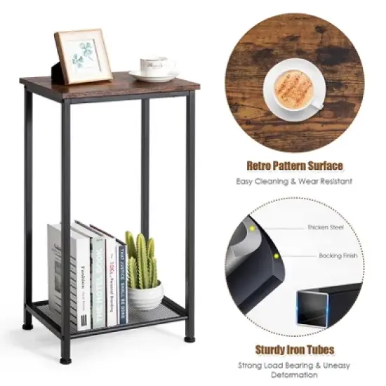 Costway 2-Tier Industrial Side End Accent Telephone Table w/Mesh Shelf Rustic Brown image {8}