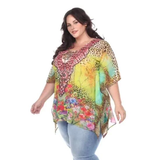 Plus Size Animal Print Caftan with Tie-up Neckline - One Size Fits Most Plus - White Mark image {1}