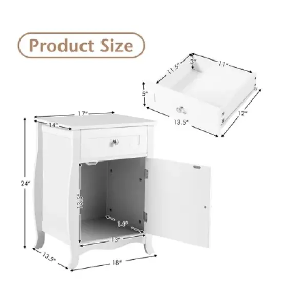 Costway Nightstand with Drawer Cabinet Curved Legs Sofa Side End Accent Table White image {3}
