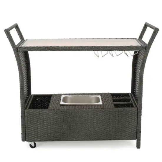 GDFStudio Lourdes Outdoor Wicker and Aluminum Serving Bar Cart image {2}