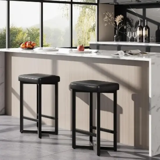 Bar Stools Set of 4, 24.6" Upholstered Counter Height Bar Stools with Metal Frame & Footrest, Modern Backless Kitchen Barstools with PU Leather image {1}