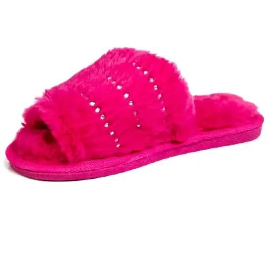 Limited Too Girl's Fuzy House Slippers for Kids in Fuschia with Jeweled Design image {6}