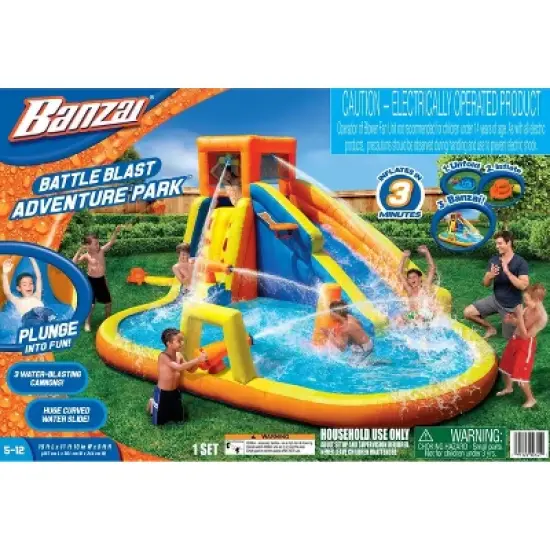 Banzai Battle Blast Adventure Park Inflatable Outdoor Activity Center w/Blower, Slide, Climbing Wall, Water Cannons, Barricades, and Basketball Hoop image {5}