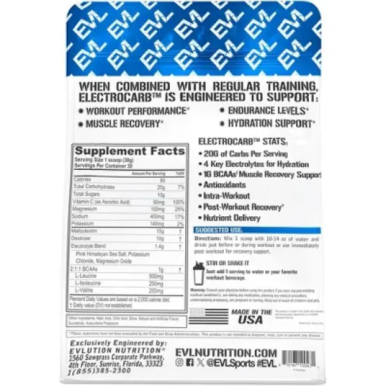 Evlution Nutrition ElectroCarb - Electrolytes & Carbohydrates - 30 Servings image {1}