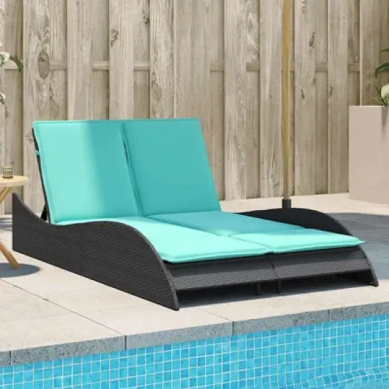 vidaXL Sun Lounger - Black Poly Rattan, Blue Cushions, Adjustable, Garden/Patio Outdoor Chaise daybed, 3-Position backrest, Removable Covers image {1}