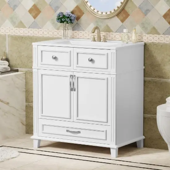 30 Inch Modern Single Sink Bathroom Vanity with 2 Doors & 2 Drawers, Quick Assembly, Solid Wood Construction image {7}