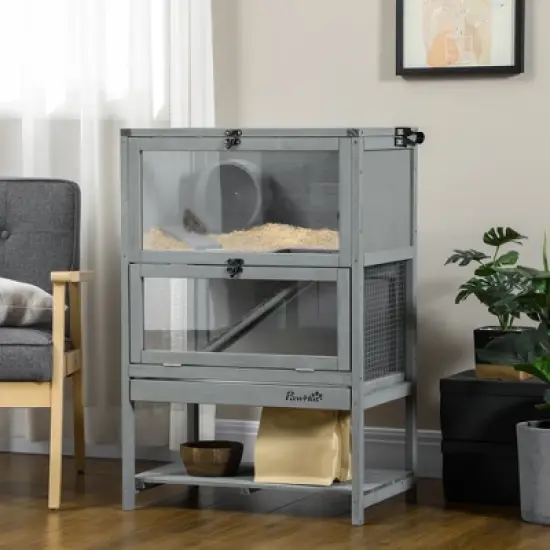 PawHut 35.5" Wooden Hamster Cage, Mice Rodent Small Animals Kit Hutch, w/ Storage Shelf, Sliding Tray, Seesaw, Running Wheel, Lockable Roof Grey image {2}