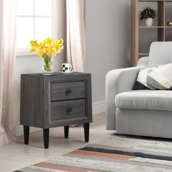 Costway 2PCS Nightstand W/2 Drawer Multipurpose Retro Grey Bedside Table Fully Assembled image {5}