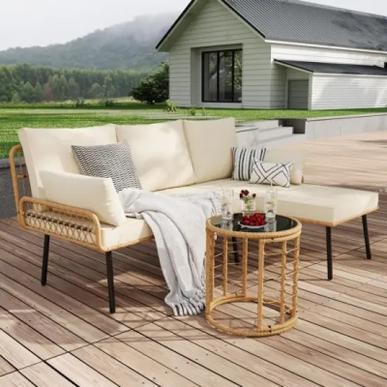 Modern 3-Piece Outdoor Sectional Couch, Wicker Patio Conversation Set with Washable Cushions, Detachable Lounger, and Round Coffee Table, Beige image {7}