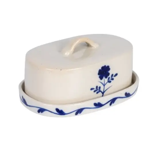 Storied Home Hand-Painted Stoneware Butter Dish with Flower, Blue and White image {6}
