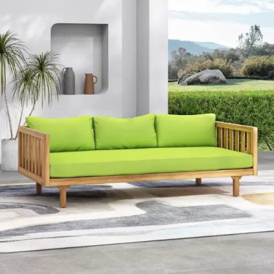 Outdoor Patio 3 Seater Daybed,Waterproof Fabric Upholstered Sofa Bed With Acacia Wood Frame,Indoor Wooden Armrests Sofa Bed-Coolbibila image {8}