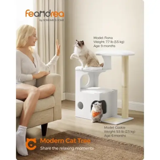 WoodyWonders 33.8-Inch Modern Cat Tower with 3 Perches, Scratching Post & Cave, Includes 4 Washable Cushions image {9}