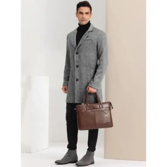 Lars Amadeus Men's Regular Fit Notched Lapel Single Breasted Herringbone Overcoat image {3}