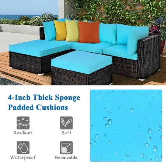 Costway 5PCS Patio Rattan Sectional Conversation Set Ottoman Turquoise image {5}