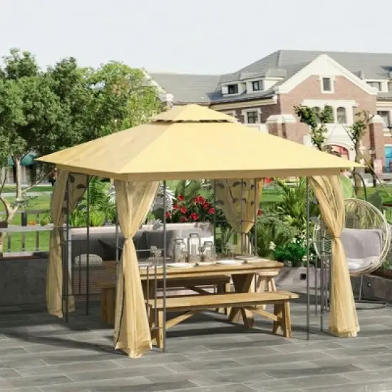 Resenkos Outdoor Garden Gazebo, Sunshade Gazebo Canopy,10' x 10' Double Roof Outdoor Gazebo Canopy Shelter with Netting,Beige image {10}