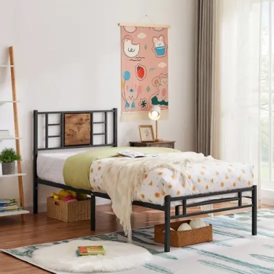 VECELO Twin/Full/Queen Platform Bed Frame with Steel Slat Support, Heavy Duty Bed Frame with Headboard, No Box Spring Needed/Easy Assembly image {1}