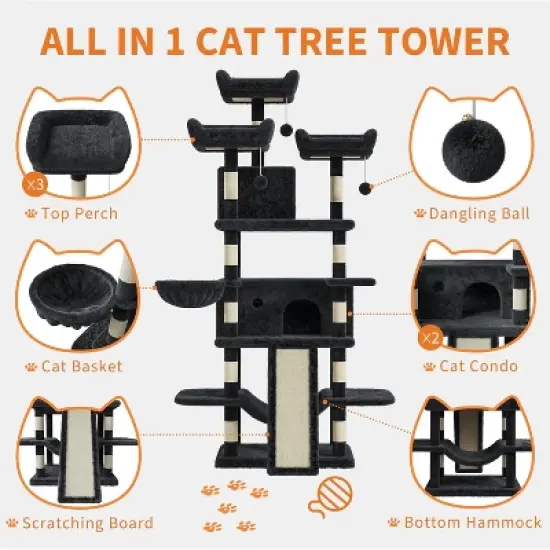 68.5in Tall Indoor Cat Tree for Large Cats, Upgraded Heavy Duty Cat Tower with Scratching Posts/Condo/Plush Perches/Hammocks/Dangling Balls image {2}