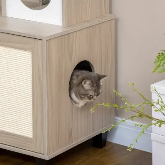 PawHut Cat Litter Box Enclosure Furniture with Cat Tree, Hidden Litter Box with Scratching Post, Bed, Modern Cat House Indoor, Gray image {5}