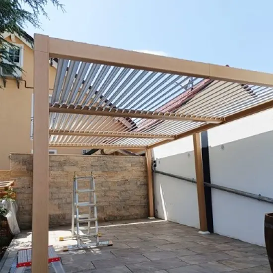 PURPLE LEAF Louvered Pergola Outdoor Aluminum Pergola with White Adjustable Rainproof Roof Wood Grain Frame Hardtop Gazebo for Patio Deck Garden image {13}