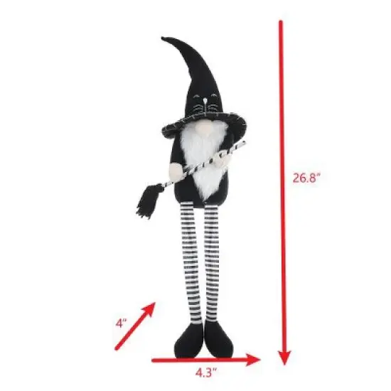Whisen Fabric Sitting Gnome, Broomstick & Long Legs, Halloween Decoration - Black & White image {6}