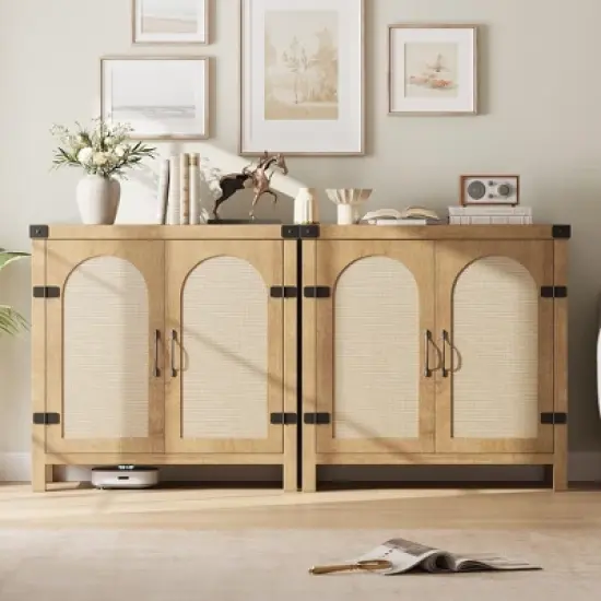 Boho Farmhouse Sideboard with Adjustable Shelves and Handle for Kitchen, Living Room, Natural image {6}