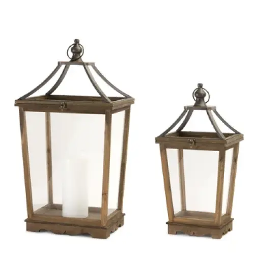 HomeRoots Set of Two Brown Distressed Geometric Wood And Metal Floor Lantern Candle Holders image {4}