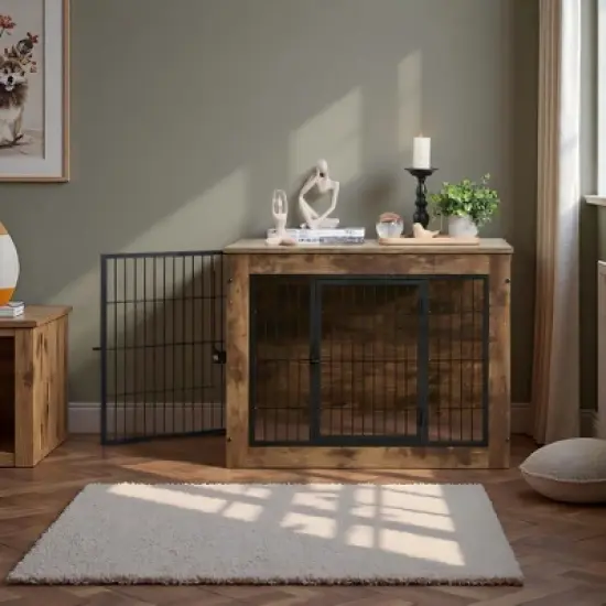 DSVIMOY Dog Crate Furniture with Cushion, 32" Dog Kennel with Double Door for Large Dogs, Brown, 32.48"*22.05"*25.2" image {1}