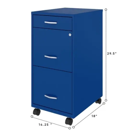 Space Solutions 18 Inch Wide Metal Mobile Organizer File Cabinet for Office Supplies and Hanging File Folders w/ Pencil Drawer & 3 File Drawers, Blue image {3}