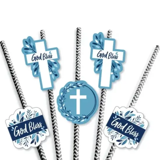 Big Dot of Happiness Blue Elegant Cross - Paper Straw Decor - Boy Religious Party Striped Decorative Straws - Set of 24 image {4}