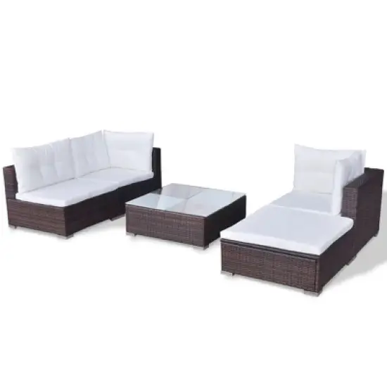 vidaXL 5 Piece Patio Lounge Set - Poly Rattan, Brown - Durable, All-Weather Outdoor Sofa Set with Cushions, Ottoman and Tea Table image {5}