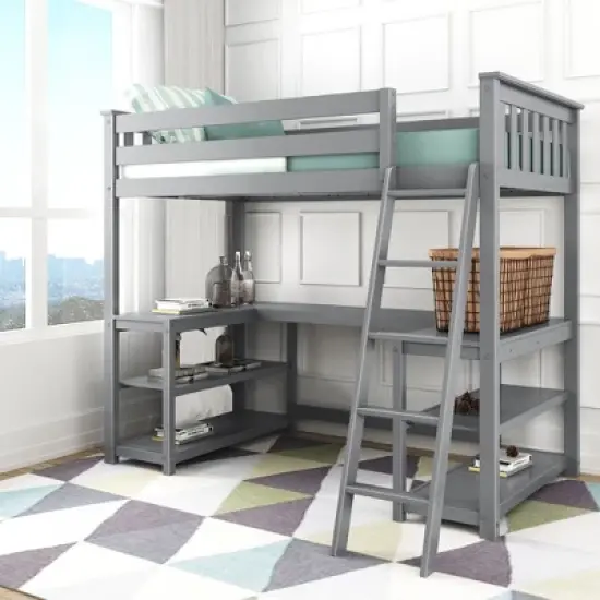 Max & Lily Twin-Size High Loft Bed with Wraparound Desk & Shelves image {1}