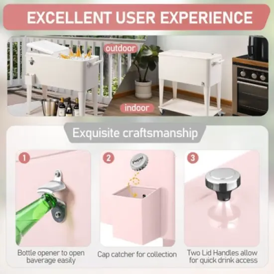 Karl Home 80 QT Pink Patio Cooler Cart image {2}