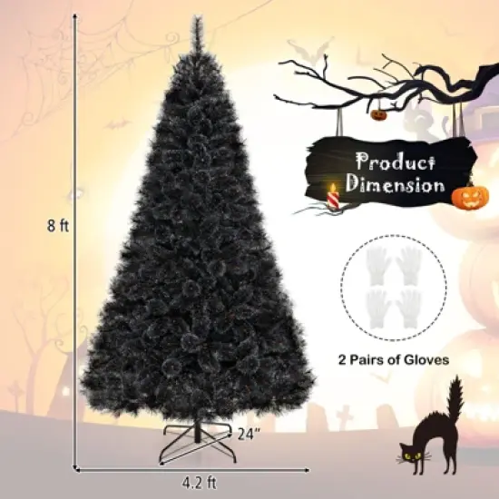 Tangkula 8/7/6 FT Black Artificial Halloween Tree Pre-lit Hinged Full Xmas Tree w/ Branch Tips Pine Needles Cold White LED Lights image {8}