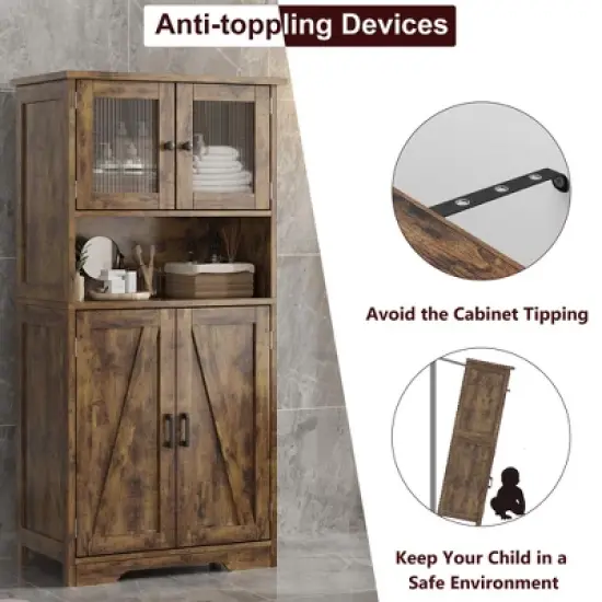 Homhougo 54in Tall Farmhouse Freestanding Kitchen Pantry Cabinet with Glass Doors and Adjustable Shelves Cupboard, Floor Cabinet Brown image {4}