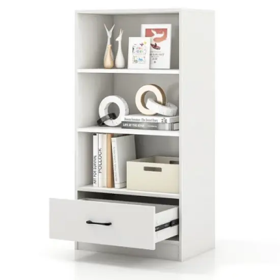 Costway 4-Tier Bookcase 48'' Display Bookshelf Storage Organizer with Shelves & Drawer Grey/White/Natural image {11}
