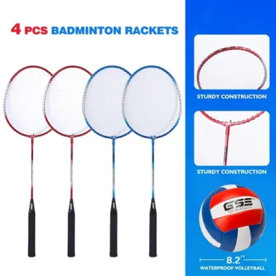 GSE Badminton/Volleyball Combo Set with Net, Volleyball with Pump, 4 Badminton Rackets, 3 Shuttlecocks & Carrying Bag (Portable/Professional) image {4}