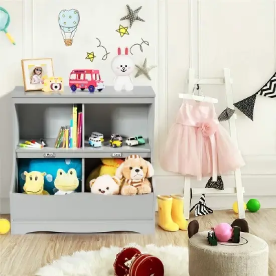 Costway Children's Multi-Functional Bookcase Toy Storage Bin Kids Floor Cabinet GreyWhite image {3}