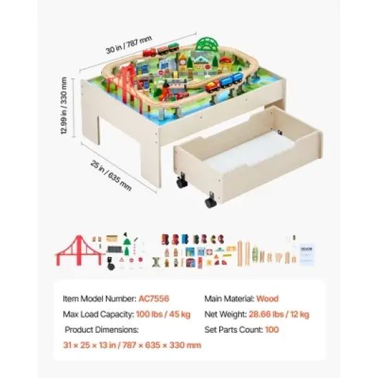 VEVOR Train Table, 100 Multicolor Pieces Wooden Kids Activity Table with Rolling Drawer, 3-in-1 Wooden Train Set for Kids Ages 3+, Multicolor image {7}