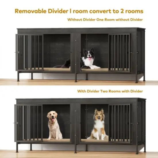 XBRIGH 78/63 Inch Dog Cage Furniture,  Double Doors Dog Kennel Furniture with Removable Divider, Thick Wooden Dog Crate Furniture for 2 Medium Dogs image {8}