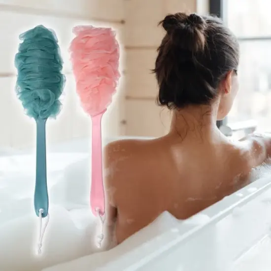 Unique Bargains Body Bath Brush Scrubber Loofah Shower with Long Handle for Skin Exfoliating PP Mesh Blue Pink 2 Pcs image {4}
