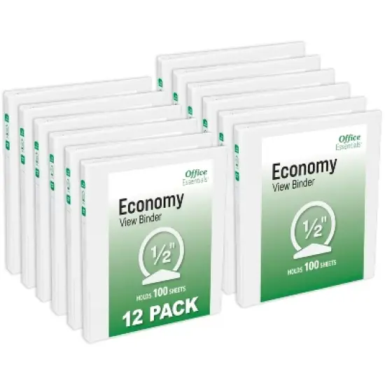 Office Essentials Economy View 3 Ring Binders, 0.5" Round Rings, 0.7" Spine, 100-Sheet Capacity, White Binders (12-Pack of 03422) image {7}