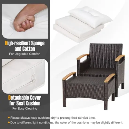 Tangkula Outdoor Patio 5PCS Rattan Conversation Furniture Set Acacia Wood Frame Chair with Coffee Table & 2 Ottomans for Backyard&Poolside image {5}